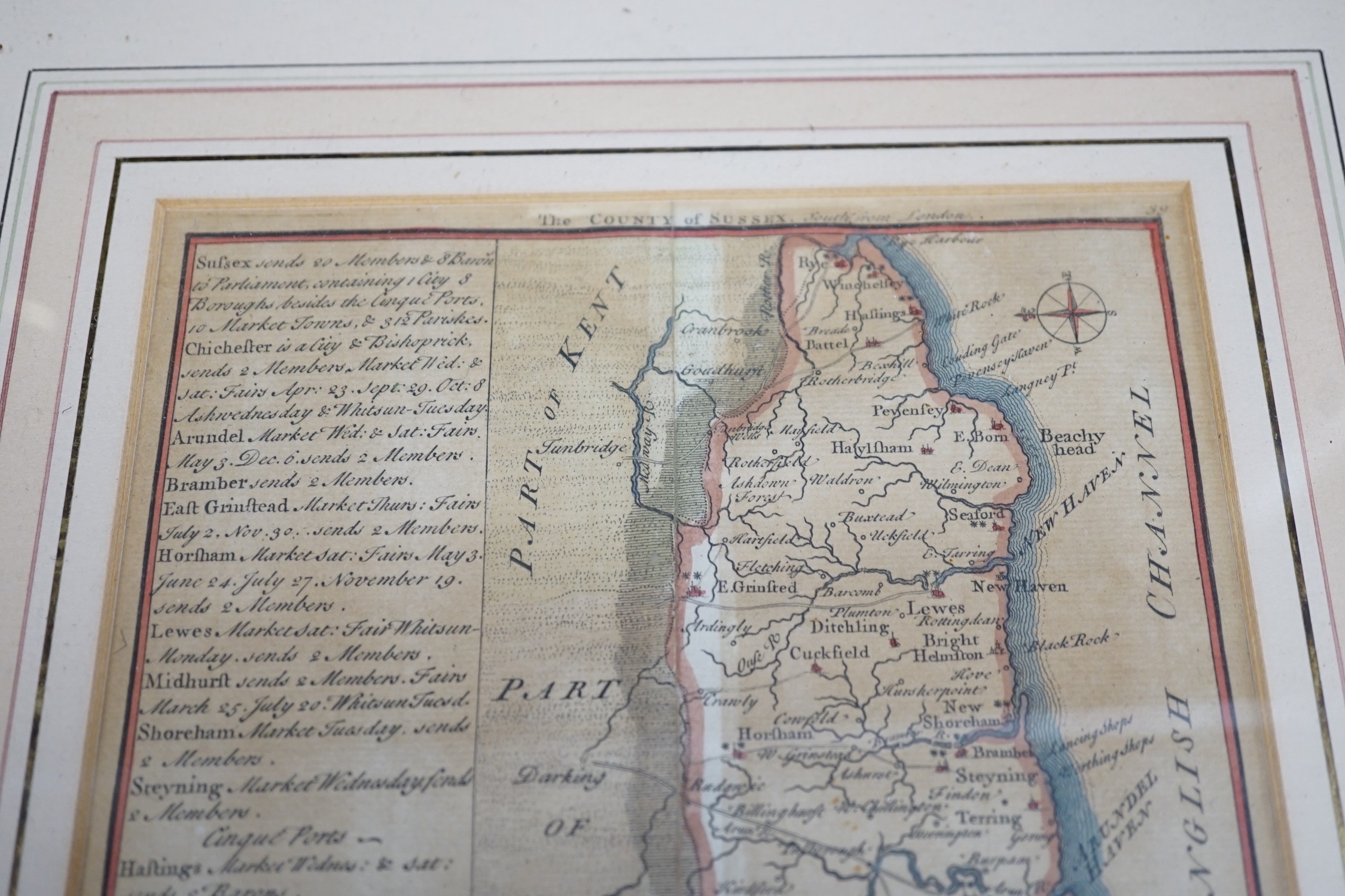 Badeslade (Thomas & William Henry Toms), coloured engraving, Map of the county of Sussex dated 1742, 15.5cm sq